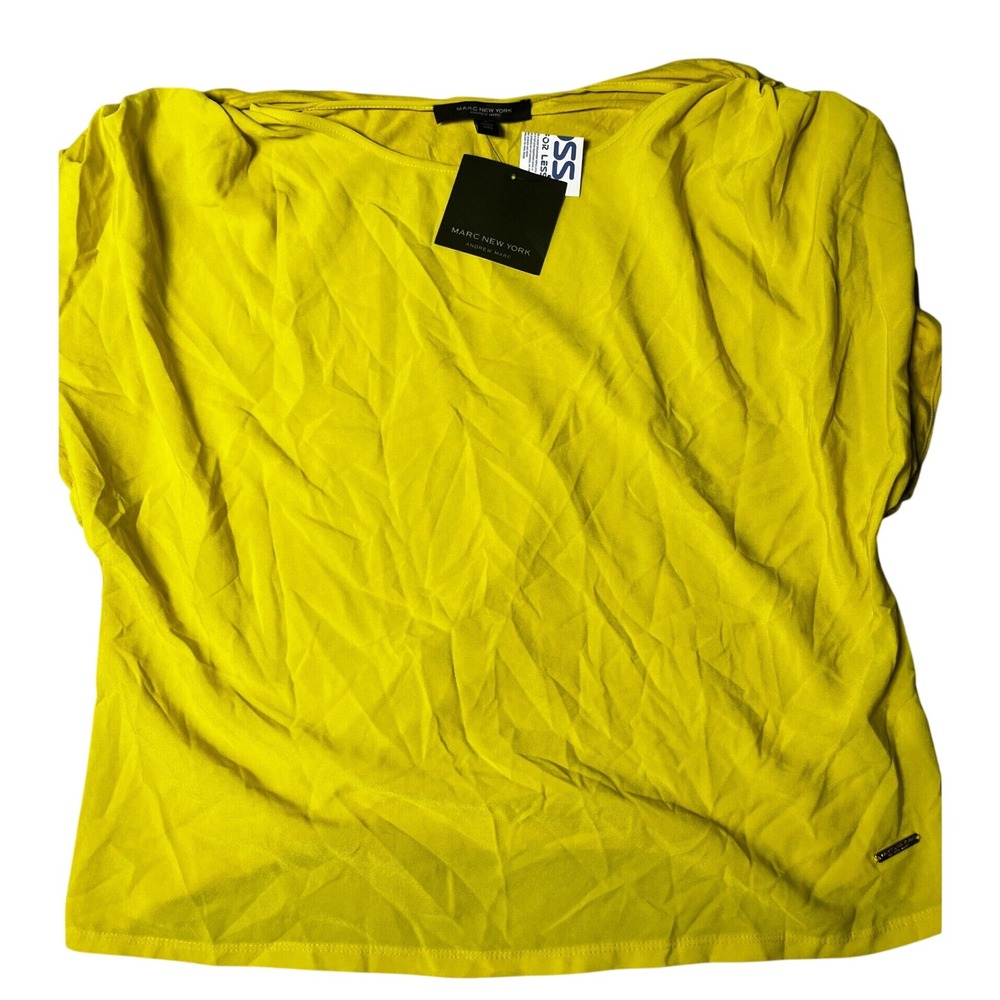 Marc New York Womens L Top Yellow Boat Neck Mixed Media Dolman Short Sleeve